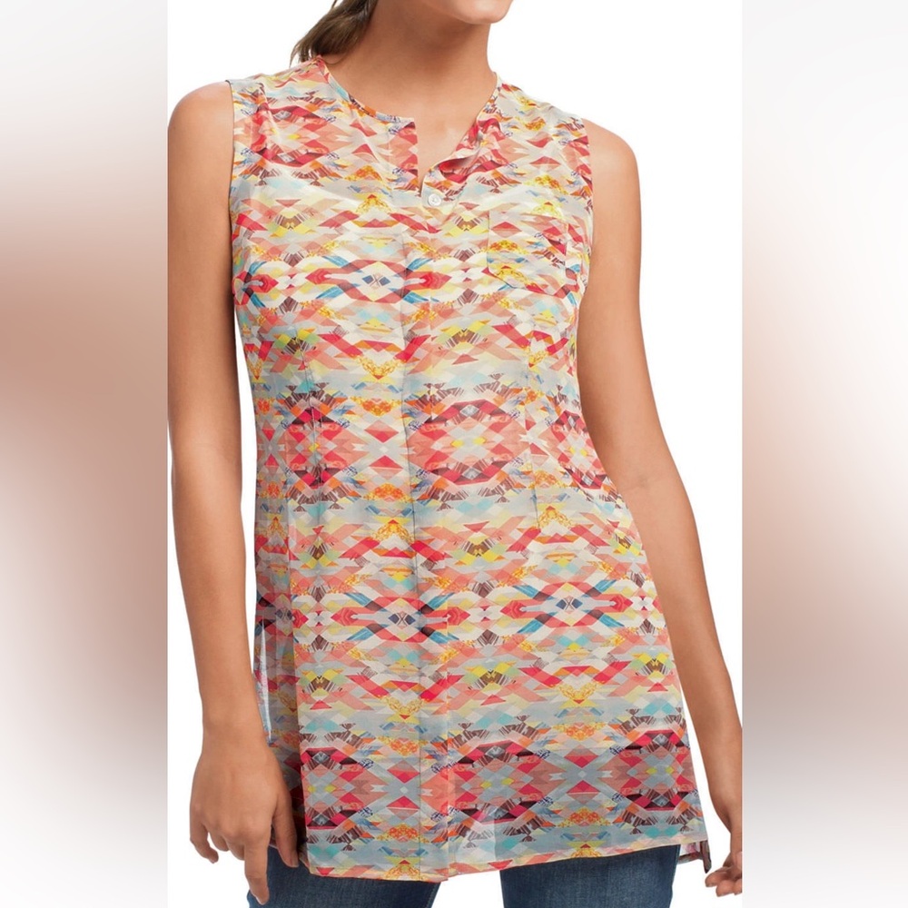 Cabi Avery Multi-Color Aztec Sleeveless Sheer Button Front Tunic Women S